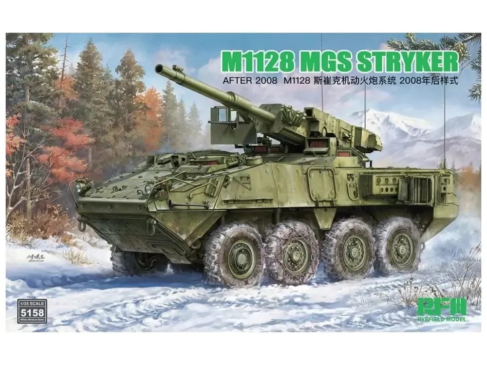 Krabice stavebnice Rye Field Model RFM5158 M1128 MGS Stryker po roce 2008 v měřítku 1/35