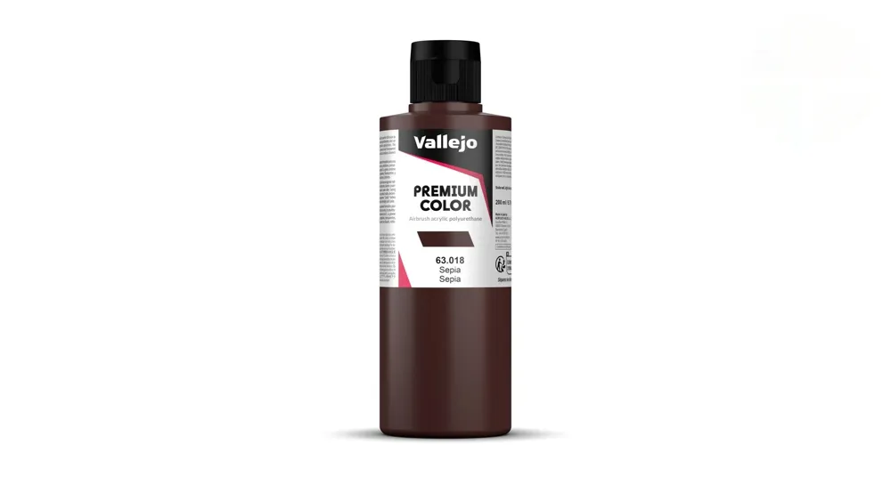 Lahvička barvy Vallejo Premium Color 63018 sépiová hnědá krycí (Sepia Opaque) 200 ml