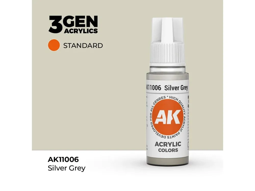 Lahvička akrylové barvy AK Acrylics 3GEN AK11006 stříbřitě šedá Silver Grey 17 ml