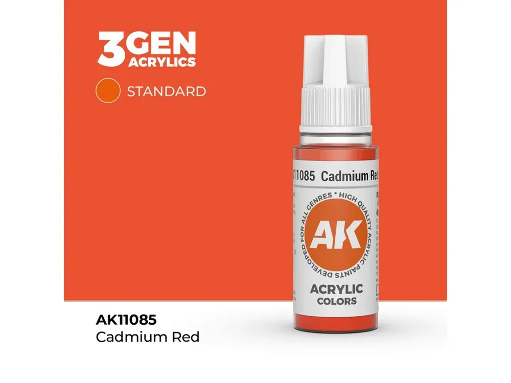 Kapátková lahvička akrylové barvy AK Acrylics 3GEN AK11085 kadmiová červeň 17 ml
