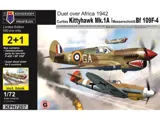 Krabice stavebnice Kovozávody Prostějov KPH7207 Kittyhawk + Bf 109F 1/72 s publikací