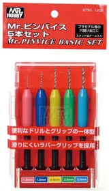 Sada ručních vrtáčků Gunze Mr. Pinvice GT50 Basic Set, pět průměrů 1–3 mm s rukojetí