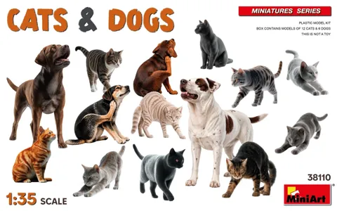 Krabice stavebnice MiniArt 38110 kočky a psi (Cats & Dogs) v měřítku 1/35