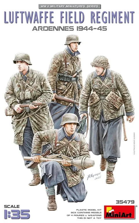 Krabice stavebnice MiniArt 35479 polní pluk Luftwaffe Ardeny 1944–45, 4 figurky v měřítku 1/35