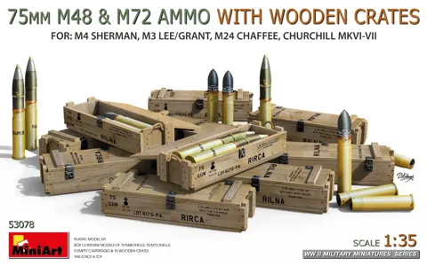 Sada MiniArt 53078 munice 75 mm M48 a M72 s dřevěnými bednami v měřítku 1/35