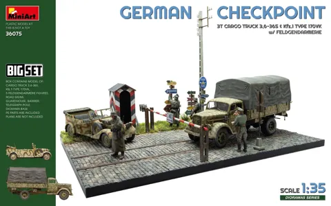 Krabice stavebnice MiniArt 36075 German Checkpoint 1/35 s vozidly 3,6-36S, Kfz.1 170VK a Feldgendarmerie