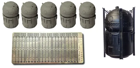Resinové díly a fotolepty sady RCSUBS 72006 SMA miny 1/72, pět německých námořních min
