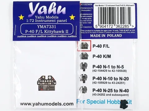 Barevná fotoleptaná přístrojová deska Yahu Models YMA7331 pro P-40 F/L Kittyhawk II v měřítku 1/72