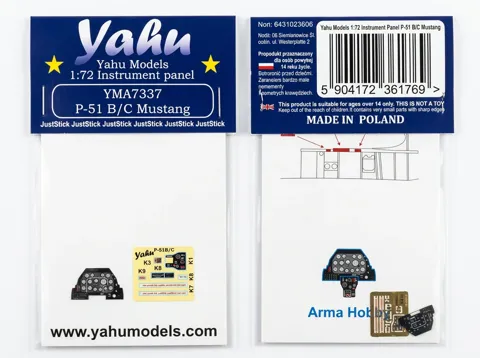 Barevný fotolept přístrojové desky Yahu Models YMA7337 pro P-51 B/C a F-6C v měřítku 1/72