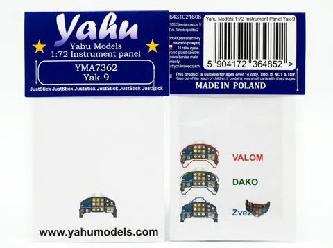Barevná fotoleptaná přístrojová deska Yahu Models YMA7362 pro Jak-9 v měřítku 1/72