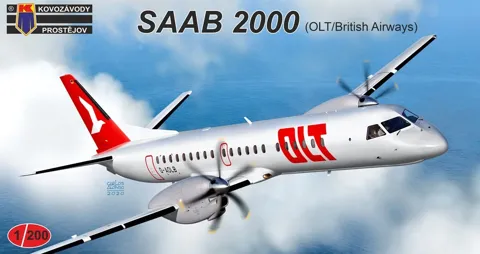 Krabice plastikové stavebnice Kovozávody Prostějov 1/200 SAAB 2000 OLT/British Airways