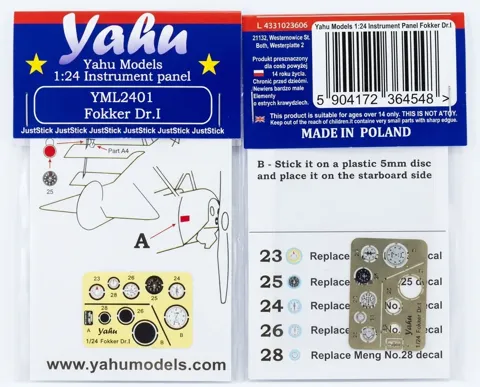 Předbarvená přístrojová deska Yahu Models YML2401 Fokker Dr.I v měřítku 1/24