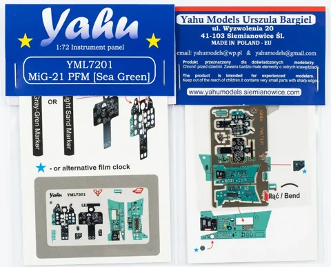 Předbarvená přístrojová deska Yahu Models YML7201 MiG-21 PFM v měřítku 1/72, odstín Sea Green