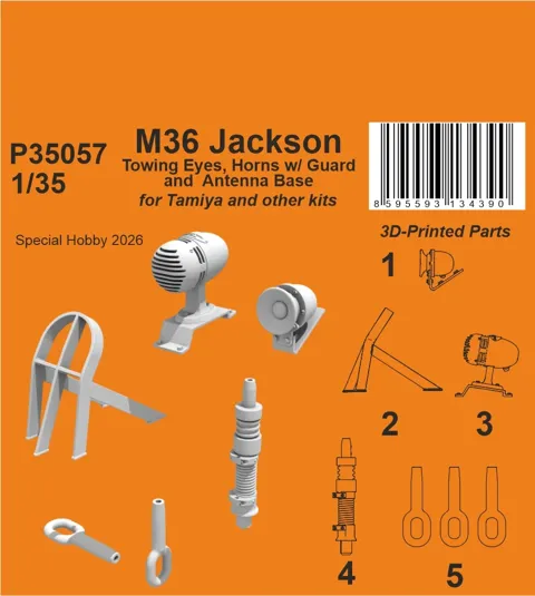 3D tištěný detailní set CMK P35057 M36 Jackson tažná oka, klaksony s krytem a základna antény 1/35