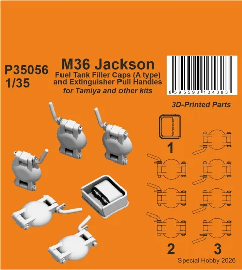 Detailní set CMK P35056 – 3D tištěná víčka palivových nádrží a táhla pro M36 Jackson 1/35