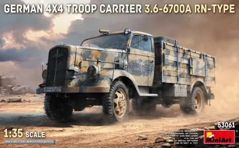 Krabice plastikové stavebnice MiniArt 53061 německý transportér 4×4 3.6-6700A Rn-Type v měřítku 1/35