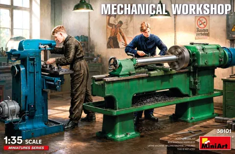 Krabice stavebnice MiniArt 38101 mechanická dílna 1/35 se soustruhem, frézkou a figurkami