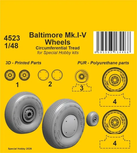 Náhradní kola CMK 4523 pro Baltimore Mk.I-V v měřítku 1/48 s obvodovým vzorkem běhounu
