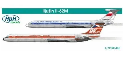 Krabice stavebnice HPH Models 1/72 Iljušin Il-62 ve zbarvení Aeroflot a ČSA OK Jet