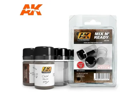 AK Interactive AK616 Mix N Ready – čtyři prázdné modelářské kelímky s etiketami