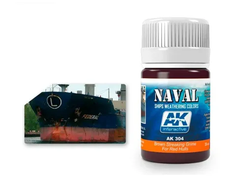 Lahvička AK Interactive AK304 Streaking Grime, hnědá stékající špína pro červené trupy lodí, 35 ml