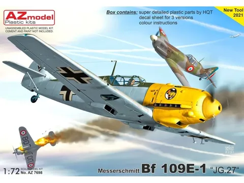 Krabice plastikové stavebnice AZ Model AZ7698 Bf 109E-1 JG.27 v měřítku 1/72