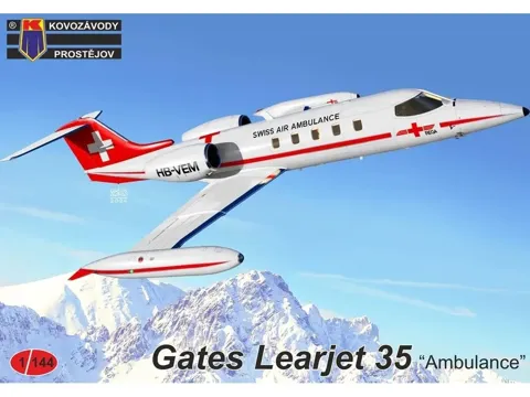 Krabice plastikové stavebnice Kovozávody Prostějov Learjet 35 Ambulance v měřítku 1/144