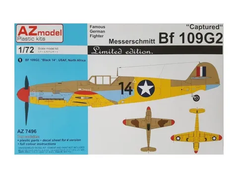 Krabice plastikové stavebnice AZ Model AZ7496 Bf 109G-2 Captured v měřítku 1/72