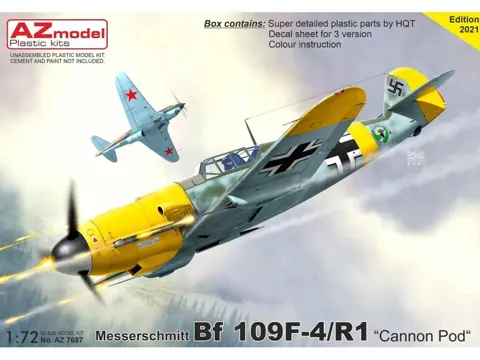 Krabice plastikové stavebnice AZ Model AZ7687 Messerschmitt Bf 109F-4/R1 Kanon Pod v měřítku 1/72
