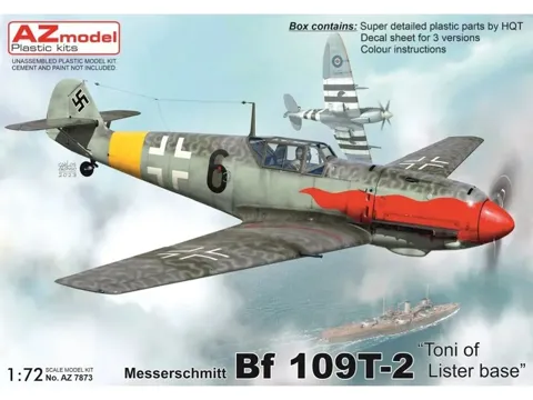 Krabice stavebnice AZ Model AZ7873 Messerschmitt Bf 109T-2 Toni of Lister base v měřítku 1/72