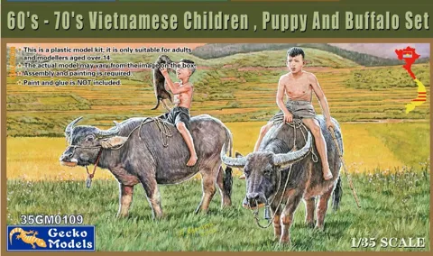 Plastiková sada figurek Gecko Models 35GM0109 1/35 – vietnamské děti, štěně a vodní buvoli