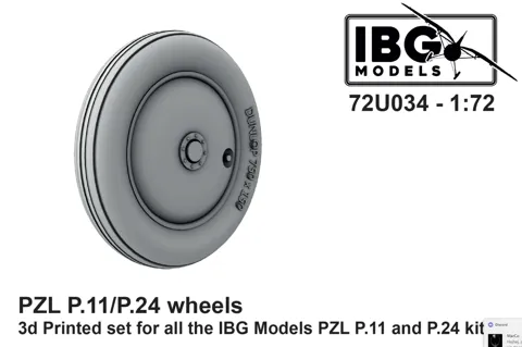 3D tištěná kola IBG Models 72U034 pro PZL P.11/P.24 v měřítku 1/72