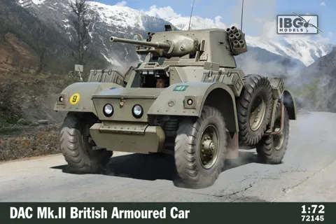 Krabice plastikové stavebnice IBG Models 72145 DAC Mk.II britský obrněný automobil v měřítku 1/72