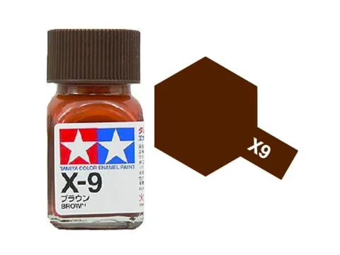 Skleněná lahvička emailové barvy Tamiya Enamel X-9 80009 hnědá lesklá, 10 ml