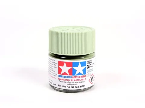 Skleněná lahvička akrylové barvy Tamiya Acrylic Mini XF-71 Cockpit Green 10 ml