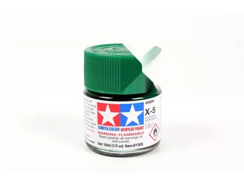 Skleněná lahvička akrylové barvy Tamiya 81505 Acrylic Mini X-5 zelená lesklá 10 ml