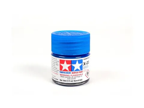 Skleněná lahvička akrylové barvy Tamiya Acrylic Mini X-23 průhledná modrá 10 ml