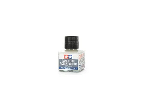 Lahvička přípravku Tamiya 87133 Panel Line Accent Color šedá se štětcem v uzávěru