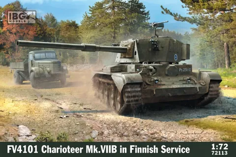 Krabice plastikové stavebnice IBG Models 72113 FV4101 Charioteer Mk. VIIB ve finských službách, měřítko 1/72