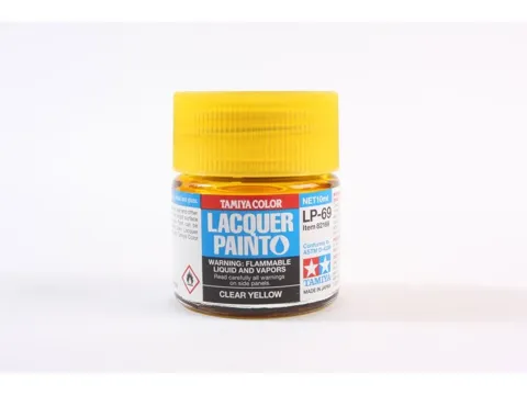 Skleněná lahvička lakové barvy Tamiya LP-69 Clear Yellow 82169, transparentní žlutá, 10 ml