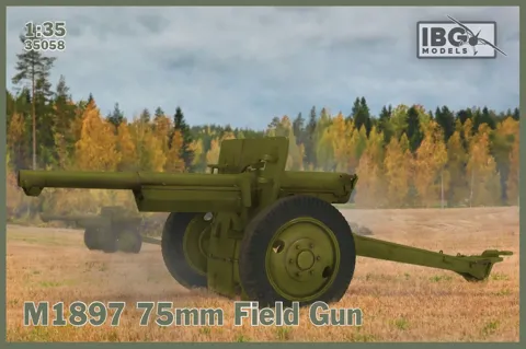 Krabice plastikové stavebnice IBG Models 35058 polní dělo M1897 v měřítku 1/35