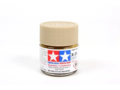 Skleněná lahvička akrylové barvy Tamiya Acrylic Mini X-31 Titanium Gold 10 ml