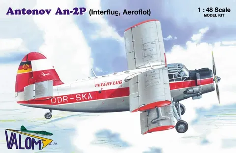 Krabice stavebnice Valom 1/48 Antonov An-2 airliner Interflug, Aeroflot s červenobílým dvouplošníkem