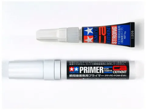 Sada vteřinového lepidla a primeru Tamiya 87211 CA Cement & Primer Set pro PP, PE, POM a EVA