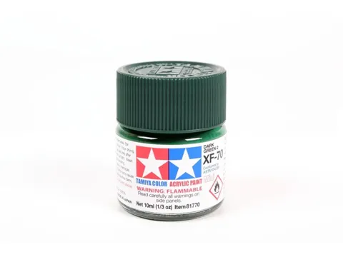 Skleněná lahvička akrylové barvy Tamiya XF-70 Dark Green 2, matná tmavě zelená, 10 ml