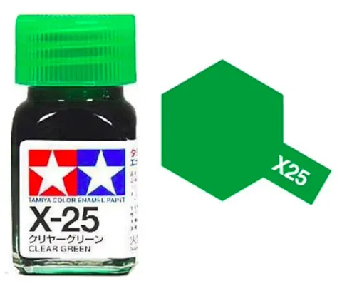 Skleněná lahvička emailové barvy Tamiya Enamel X-25 průhledná zelená 10 ml