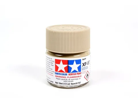 Skleněná lahvička akrylové barvy Tamiya Acrylic Mini XF-57 Buff, 10 ml