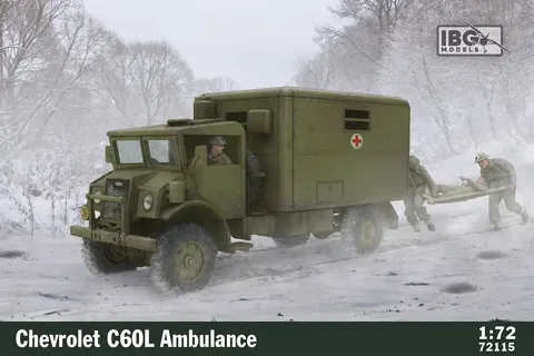 Krabice plastikové stavebnice IBG Models 72115 Chevrolet C60L Ambulance v měřítku 1/72
