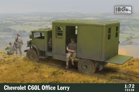 Krabice plastikové stavebnice IBG Models 72116 Chevrolet C60L Office Lorry v měřítku 1/72