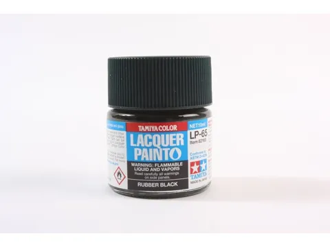 Skleněná lahvička lakové barvy Tamiya LP-65 Rubber Black, 10 ml